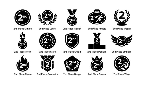 16 icon set featuring 2nd place awards with diverse designs and sports elements