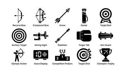 Fototapeta premium Archery equipment icons: bows, arrows, quiver, target, archer tools, trophy