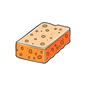 Simple cartoon illustration of a rectangular orange sponge with circular pores for cleaning or scrubbing.