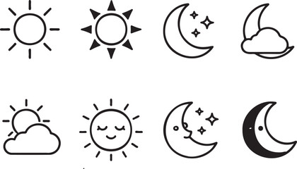 Fototapeta premium weather day night icon set silhouette pack, sun moon cloud forecast symbols collection, climate weather icons minimal black set
