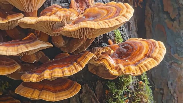 A cluster of vibrant orange shelf mushrooms growing on a textured tree trunk