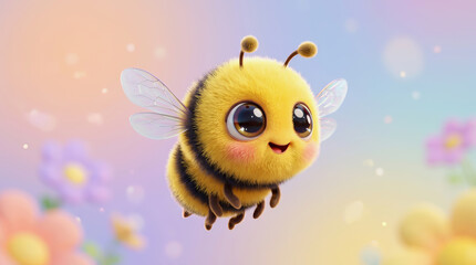 Fototapeta premium Adorable Bumble Bee Flying Amongst Vibrant Flowers Soft Lighting