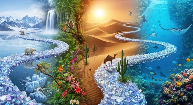 Crystal path winding through diverse nature biomes with wild animals