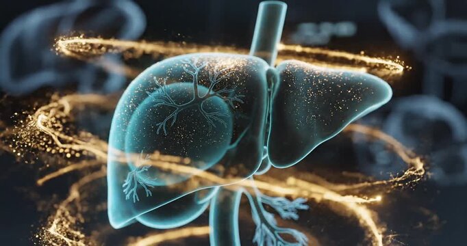 3D illustration of a glowing human liver with swirling particles in a dark background