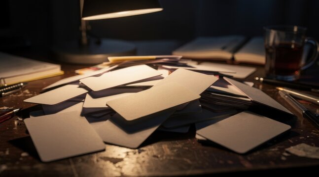 Pile of blank rectangular cards on a dark desk illuminated by a warm lamp light.