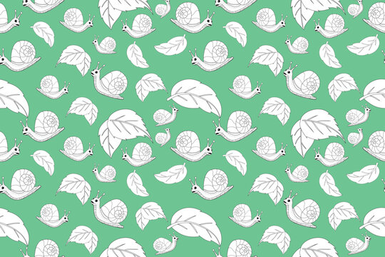 Seamless pattern featuring cute snails and leaves in minimal line art style on a soft green background. Simple and elegant nature illustration, perfect for textile, fabric, wallpaper, wrapping paper