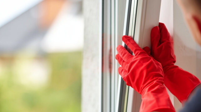 Person wearing red gloves carefully fitting a new upvc window into an opening, ensuring proper installation during a house renovation and maintenance task, copy space