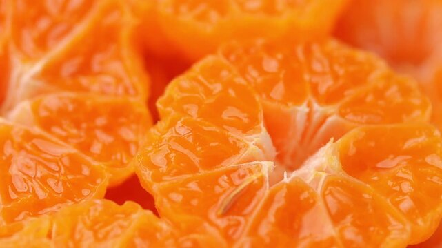 pile of halved small mandarin oranges pulp rotating slowly, close-up view.