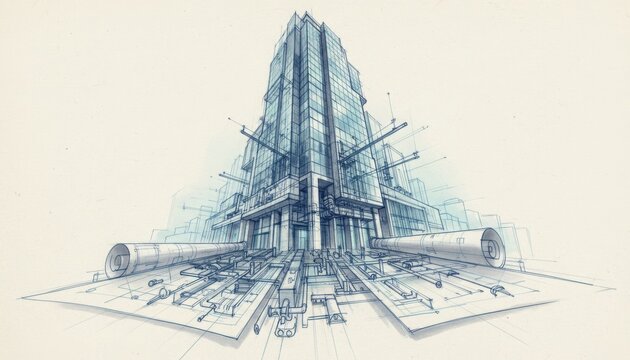 Detailed architectural skyscraper blueprint includes technical piping and structural foundation plans emerging from rolled paper documents