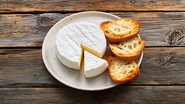 Camembert cheese wheel with a wedge cut out, serving alongside toasted baguette slices on a ceramic plate, resting on rustic wooden texture background