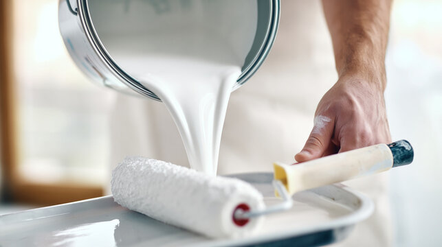 Hand pouring white paint from a can into a roller tray, preparing for home renovation, embracing diy projects, and performing interior painting work