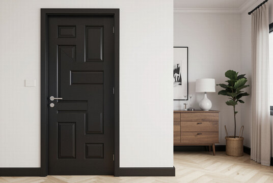 Modern dark wooden door design set in a white wall interior for elegant home renovations contemporary residential architecture and stylish entryway concepts.