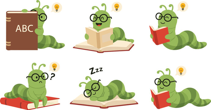 Cute Cartoon Bookworm Character Collection with Reading Studying Sleeping and Thinking Poses for Education Illustration and Fun Learning Design Concepts