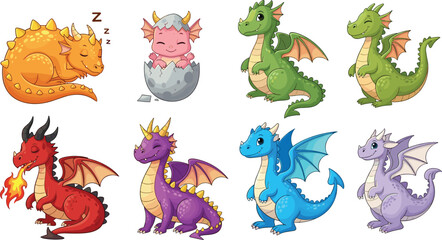 Fototapeta premium Cute Cartoon Dragon Character Collection with Different Colors Poses and Expressions Including Baby Dragon Egg and Fire Breathing Fantasy Creatures Illustration