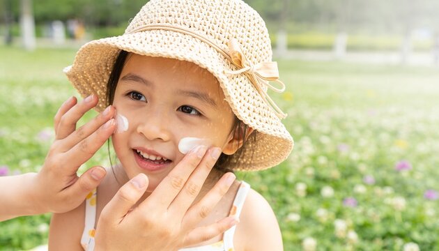 Young Asian girl wearing straw hat having sunscreen applied to her cheeks. Child getting SPF cream protection in a sunny park. Sun safety and skincare for kids concept
