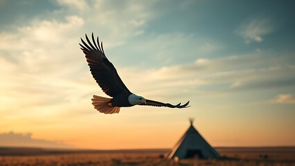Naklejka premium mephistopheles. Bald eagle flying over prairie with tent in distance during golden hour. wildlife magazines, conservation campaigns, designed for wildlife conservation campaigns.