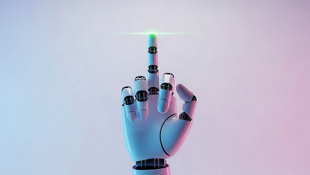 White robotic hand with green light on index finger