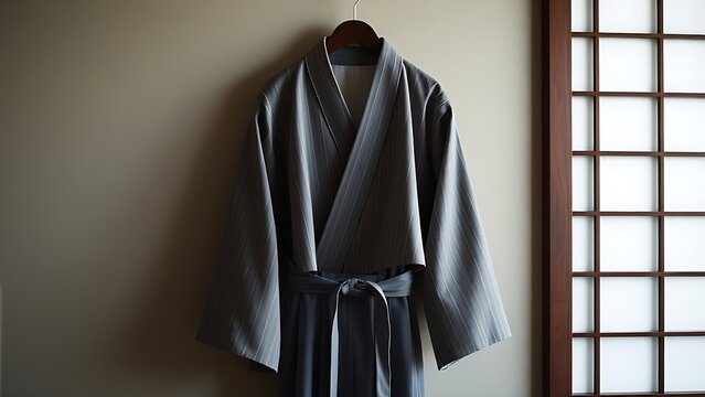 kataginu. A formal Japanese kamishimo garment hanging on a hanger. event programs, museum guides, designed for cultural heritage projects and event programs.