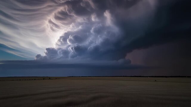 Dramatic Supercell Storm Clouds Swirling Over Vast Open Landscape at Night.