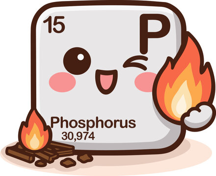 Cute kawaii flat vector illustration of phosphorus chemical element from the periodic table with symbol P and atomic number 15. Adorable character with fire flames representing phosphorus flammability