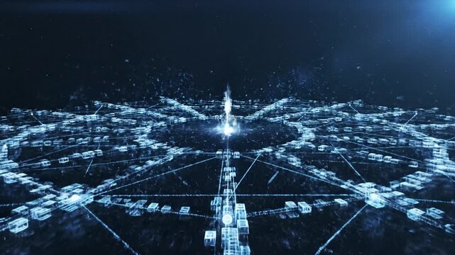 A glowing metallic sphere floats between two walls of streaming binary code in a dark digital space
