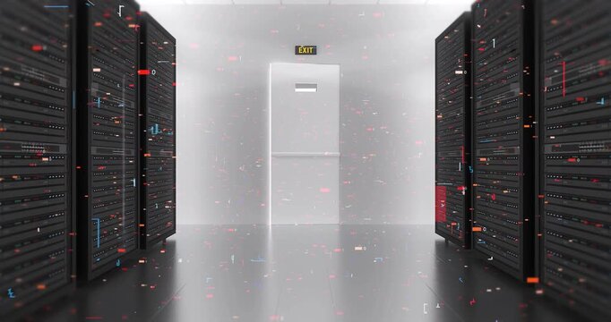 High performance computing with server racks and glowing AI processor unit. Technology Related 3D Animation.