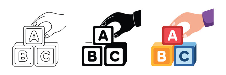 Hand holding alphabet ABC blocks icon silhouette in flat style, child education vector illustration, isolated on white background, representing learning, elementary school, early childhood education,  © ayat 02