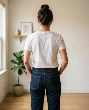 Back view of young woman in casual white tshirt mockup. Female model in basic blank shirt, rear side design template. Women short sleeve tee, indoors
