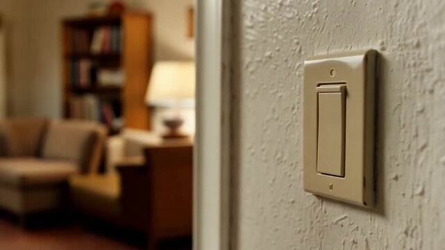 Hand pressing light switch on textured wall in cozy living room softly lit by lamp with indoor hand turning wall fixture lighting up room instantly