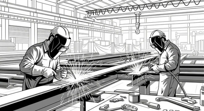 Two welders working on metal beams.