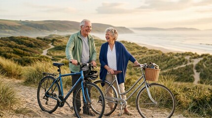 Fototapeta premium Senior couple sharing happy moment with bicycles on coastal path
