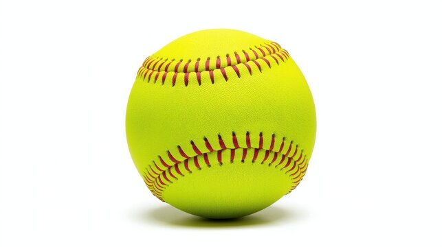 Bright yellow softball with red stitching against a plain background isolated on white background