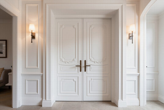 Classic white wooden double door design set in a light beige wall interior for elegant home renovations traditional residential architecture and stylish entryway concepts.