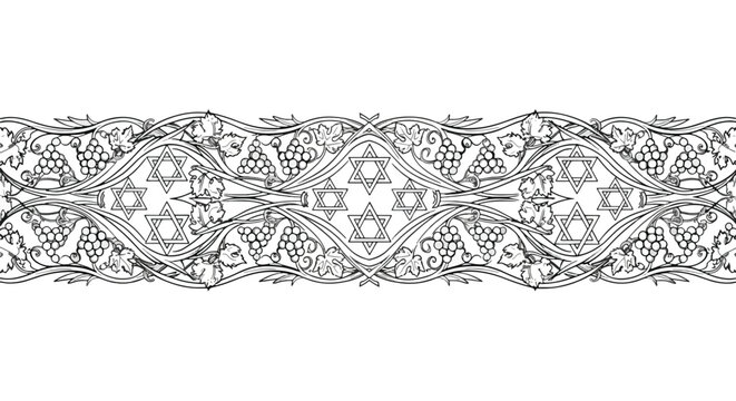Decorative border featuring star of david interwoven with stylized grape vine and leaves elegant design judaica motif festive pattern