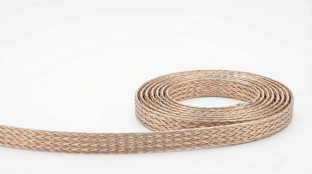 Golden metallic rope coiled on white background for luxury or industrial design
