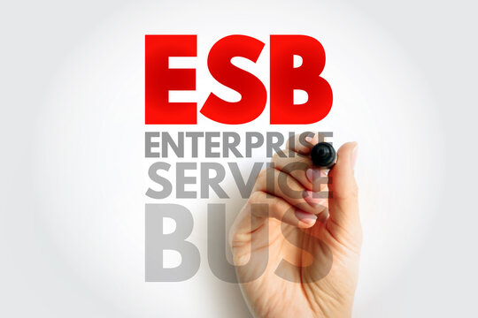 ESB Enterprise Service Bus text on photo representing business communication network, system integration, digital middleware, process automation, data exchange, and information structure