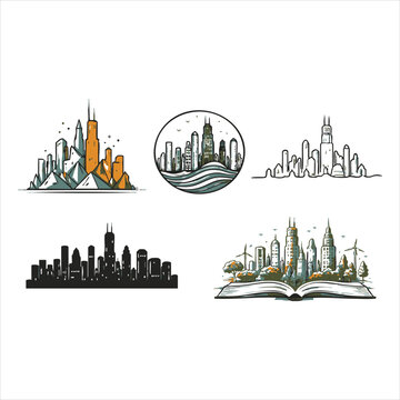 Set of modern city skylines with tall buildings and water, diverse architectural styles illustrated.