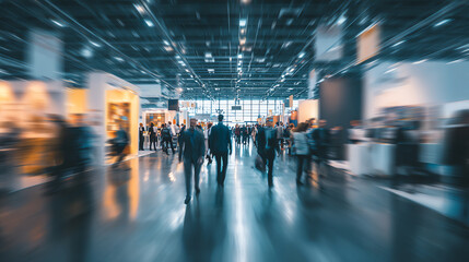 Fototapeta premium A bustling exhibition hall filled with people attending a trade show, showcasing various industries and ideas.