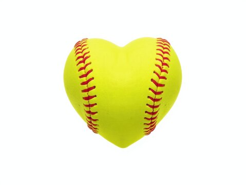 Heart shaped softball with red stitching isolated on white background