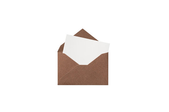 A white card in a brown glitter envelope, viewed from above	