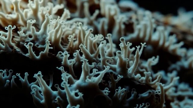 Intricate patterns mold fungi close up growth dark background organic texture natural biological decay detailed structure spore mycelium nature biology microorganism environment wet damp surface