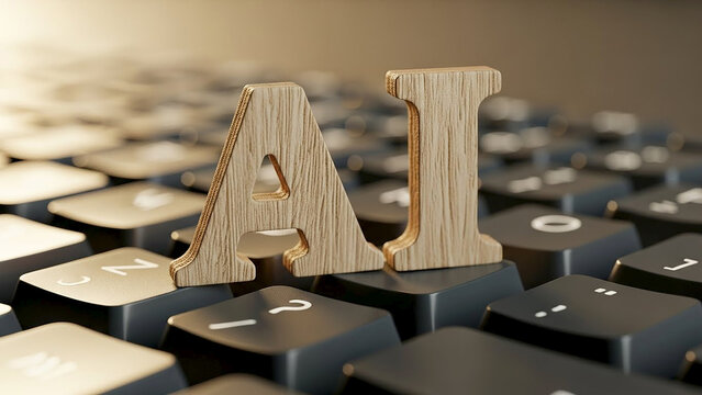 AI on Keyboard: The wooden letters AI rest prominently on a computer keyboard, symbolizing the forefront of technological advancement.