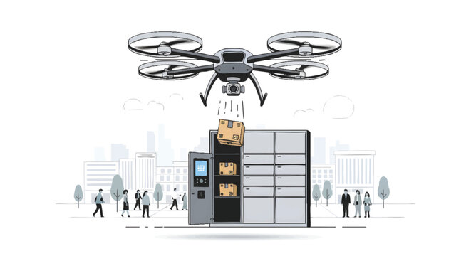 Drone delivering food from vending machine to people in city