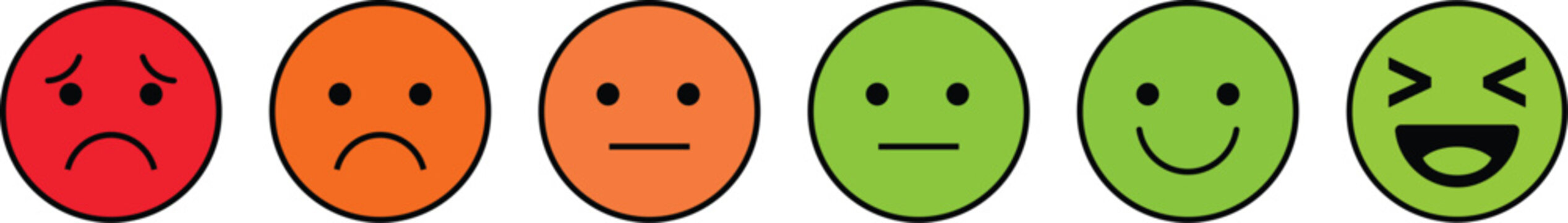 A row of six emoticon faces in gradient colors from red to green, displaying various emotions