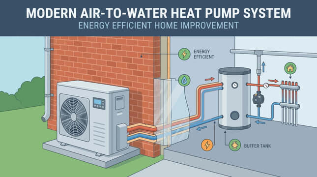 Energy efficient modern air-to-water heat pump system for home improvement with illustration