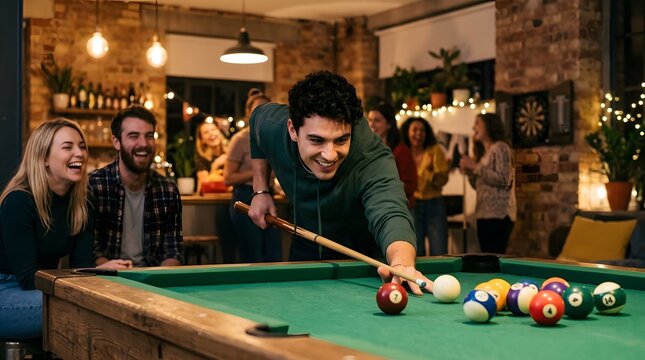Group of friends playing billiards together at a pool table in a dimly lit hall
