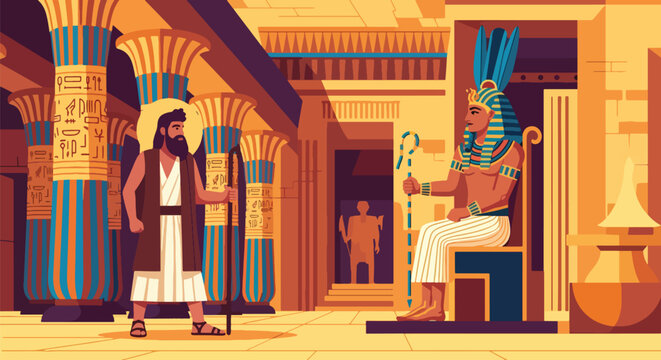 Moses confronts pharaoh in ancient egyptian palace with hieroglyphics on pillars, religious story illustration, biblical scene