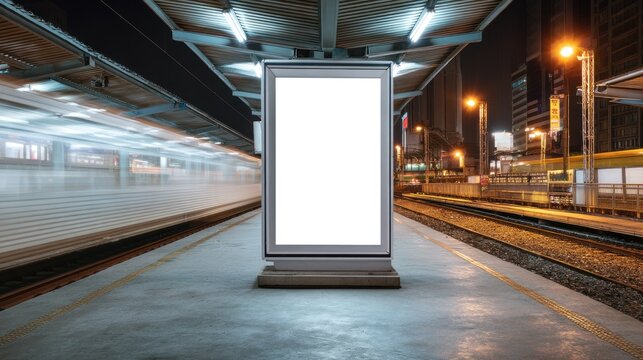 Blank billboard on a train station platform at night