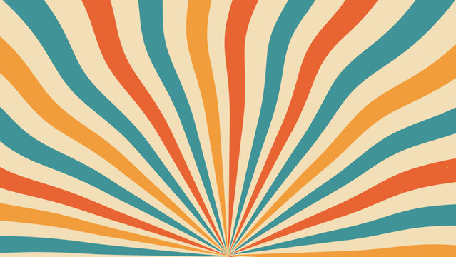 Abstract background design featuring a spiral pattern of red, orange, teal, and beige rays radiating from the bottom center.
