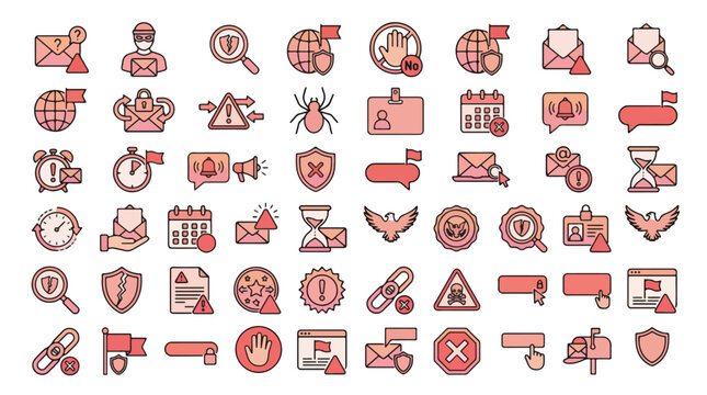 Social Security Scam and Fraud Protection Icon Set in Linear Style. A collection of Security Icons, including identity theft, phishing email, medicare fraud, wire transfer